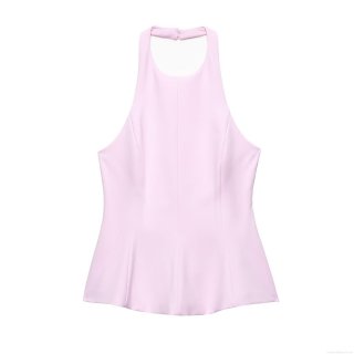 Women's Sexy Halter Peplum Top Slim Fit Solid Color Sleeveless Backless Shirt With Double Buttons Side Zipper For Party Summer Club Casual Wear