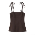 Women's Sexy Bow Tie Strap Camisole Acrylic Spandex Slim Fit Crop Top Deep Brown Summer Party Streetwear Fashion Sleeveless Top