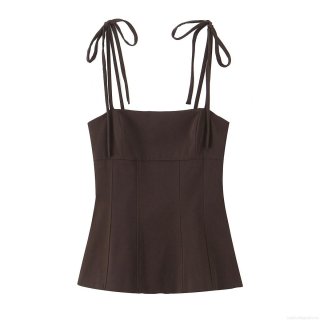 Women's Sexy Bow Tie Strap Camisole Acrylic Spandex Slim Fit Crop Top Deep Brown Summer Party Streetwear Fashion Sleeveless Top