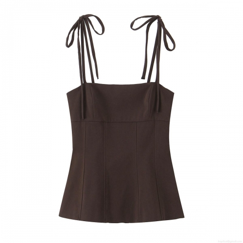 Women's Sexy Bow Tie Strap Camisole Acrylic Spandex Slim Fit Crop Top Deep Brown Summer Party Streetwear Fashion Sleeveless Top