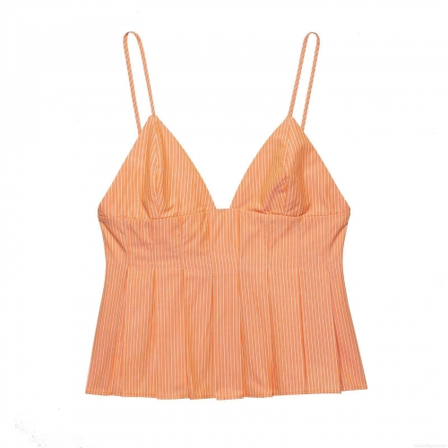 Women's Summer Striped V-Neck Camisole Slim Fit Polyester Blend Ruched Cami Top For Vacation Casual Wear