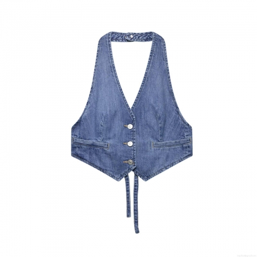 Women's Vintage Denim Halter Neck Top Sexy Backless Button Up Cropped Tank Top American Streetwear Sleeveless Jean Cami For Summer Vacation Blue