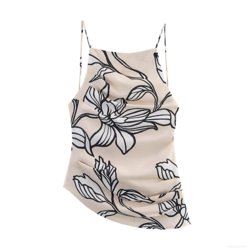 Women's Floral Print Backless Halter Camisole Flax Blend Sexy Cropped Tank Top With Irregular Hem And Tie Back For Summer Vacation Party Fashion Elegant Top