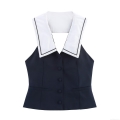 Women's Sailor Collar Sleeveless Vest Top Bow Trimmed Contrast Color Polyester Poplin Single-Breasted Preppy Style Blouse For Daily School Party