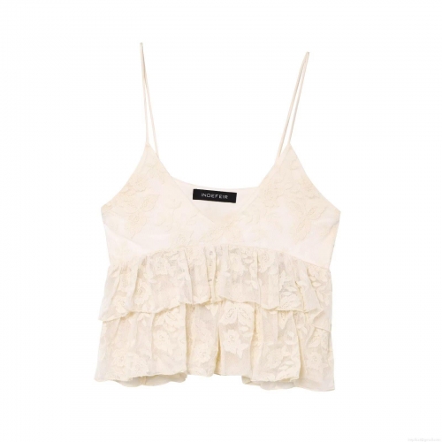 Women's Sexy V-Neck Layered Ruffle Lace Camisole Top Floral Embroidery Thin Straps Western Style Fashion Tank Top For Women Party Clubwear Cream White