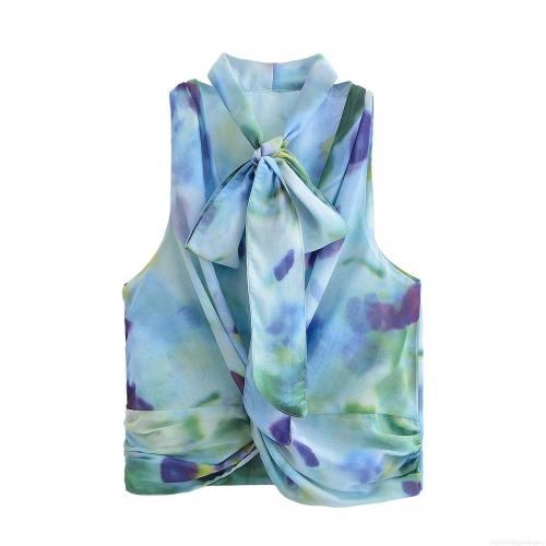 Women's Watercolor Tie Dye Print Sleeveless Top With Bow Tie Neck Slim Fit Elegant Chiffon Texture Summer Blouse For Daily Party Vacation
