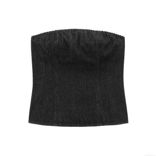 Women's Sexy Black Denim Tube Top Strapless Off Shoulder Zip Up Crop Top Slim Fit Cotton Blend Jean Top For Summer Party Clubwear