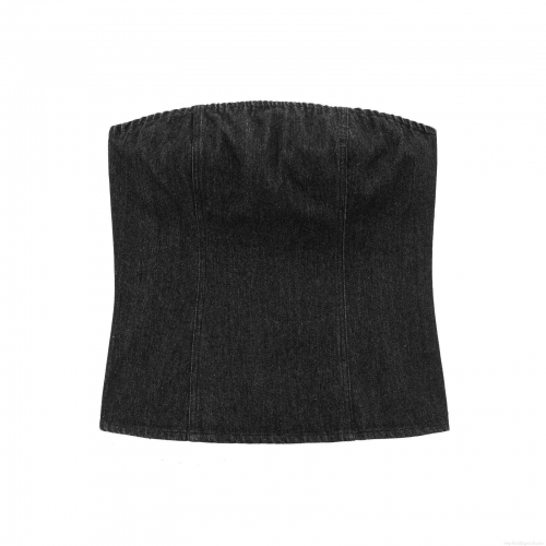 Women's Sexy Black Denim Tube Top Strapless Off Shoulder Zip Up Crop Top Slim Fit Cotton Blend Jean Top For Summer Party Clubwear