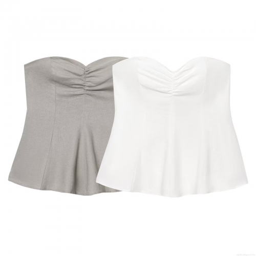 Women's Sexy Strapless Peplum Tube Top Linen Blend Pleated Heart Neck Backless Camisole Corset Top for Summer Party Clubwear