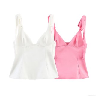 Sexy Satin Bow Tie Shoulder Straps Camisole V Neck Back Zipper Slim Fit Cropped Top Women Party Club Night Out Summer Sleeveless Tank Top