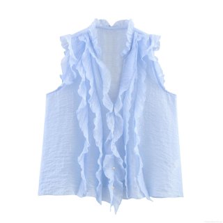 Women's Sky Blue Sleeveless Chiffon Top Elegant Layered Ruffle Trim Wood Ear Collar Slim Fit Tank Top Summer Casual Party Dating Socialite Blouse
