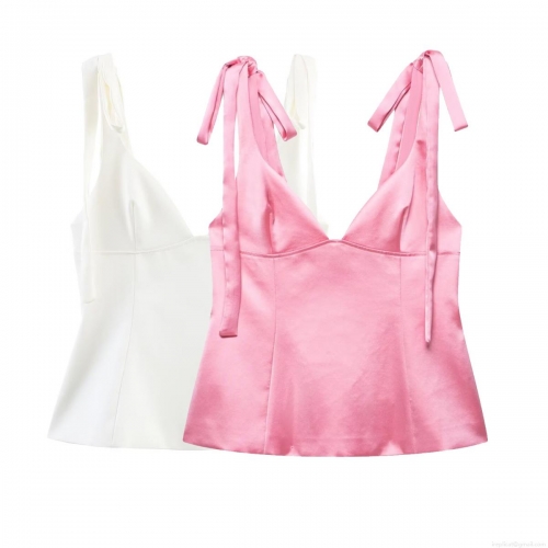 Women's Satin Polyester Camisole Sexy V Neck Bow Tie Shoulder Strap Back Zipper Slim Fit Sleeveless Tank Top for Summer Party Dating