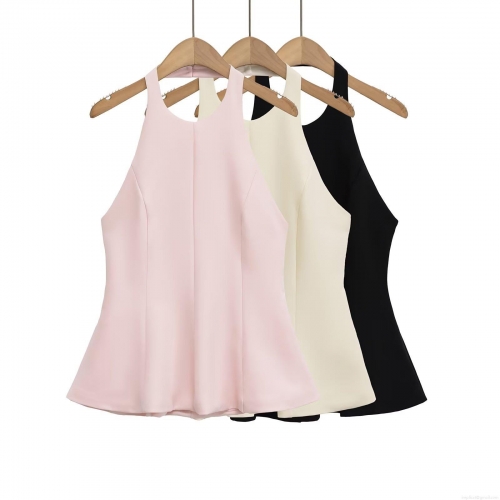 Women Sexy Halter Neck Peplum Top Sleeveless Backless Solid Color Polyester Spandex Tank Top For Party Clubwear