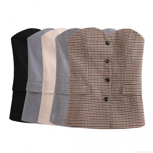 Women Strapless Tube Top Vest Suiting Button Up Bustier Crop Top Polyester Woven Slim Fit Sexy Waistcoat For Party Clubwear Office Streetwear