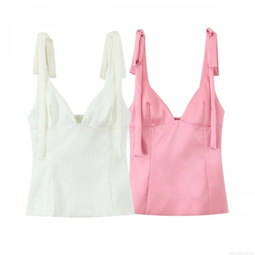 Women's Sexy V-Neck Satin Camisole Top Tie-Shoulder Bow Knot Slim Fit Sleeveless Blouse For Summer Party Date Daily Wearing