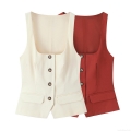 Women's Slim Fit Suit Vest Top Elegant Square Neck Sleeveless Waistcoat Solid Color Button Down Office Lady Casual Vest Blouse