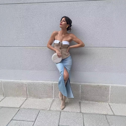 Women's Strapless Tube Top Polyester Contrast Color Corset Style Slim Fit Crop Top With Lapel Detail And Decorative Pockets For Daily Chic Streetwear