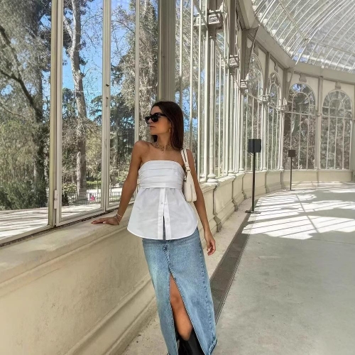 Women Ruched Button Decorative Tube Top Strapless Polyester Slim Fit Poplin Crop Top For Summer Vacation Party Fashion Basic Chic Camisole