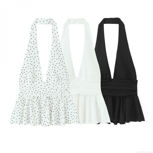 Women's Halter Neck V Neck Peplum Top Plissé Ruffle Hem Backless Sleeveless Camisole Polyester Elegant Casual Summer Blouse For Women Party Clubwear