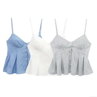 Women's Sexy Poplin Camisole Top Button Front Pleated Peplum Bustier Stripe Summer Spaghetti Strap Cami For Party Women