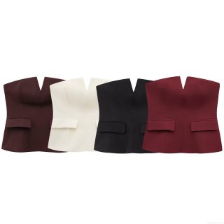 Women's Sexy Strapless Tube Top Polyester Woven V-Notch Slim Fit Corset Top With Decorative Pocket Flaps Elegant Party Dating Clubwear For Women