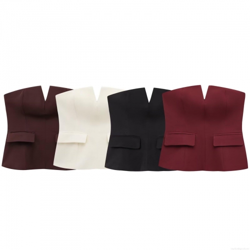 Women's Sexy Strapless Tube Top Polyester Woven V-Notch Slim Fit Corset Top With Decorative Pocket Flaps Elegant Party Dating Clubwear For Women