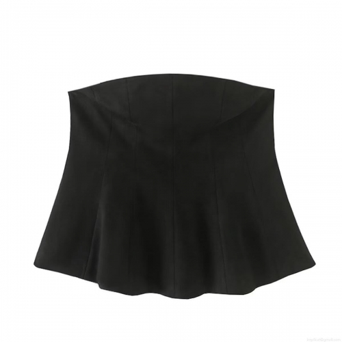 Women's Sexy Elegant Faux Suede Strapless Tube Top Slim Fit Flare Hem Solid Black Party Top With Side Invisible Zipper