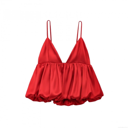 Women's Red Satin Camisole Top Sexy V-Neck Spaghetti Strap Sleeveless Ruched Bubble Hem Tank Top For Party Clubwear Summer
