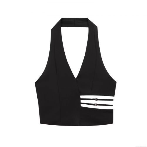 Women Halter Neck Crop Top Sexy V-Neck Side Cutout With Metal Buckles Sleeveless Slim Fit Polyester Tank Top For Party Clubwear Summer Fashion Streetwear