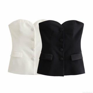 Women Strapless Corset Top Polyester Satin Texture Single Breasted Bustier Tube Top Slim Fit Sweetheart Neckline Decorative Flap Pockets For Party Dating Daily