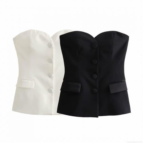 Women Strapless Corset Top Polyester Satin Texture Single Breasted Bustier Tube Top Slim Fit Sweetheart Neckline Decorative Flap Pockets For Party Dating Daily