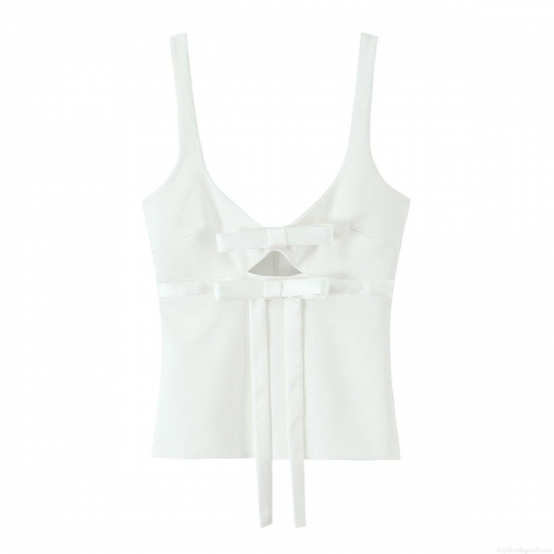 Women White Sexy Hollow Out Bowknot Cami Tank Top Polyester Lace Up Back Zipper Slim Fit Crop Top Summer Party Y2K Aesthetic Sleeveless Top