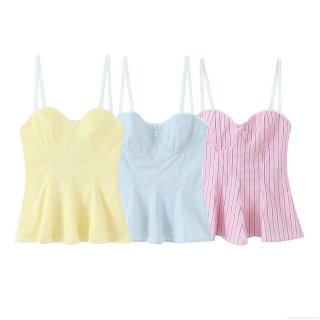 Women's Poplin Peplum Cami Top With Bow Sexy Striped Lace Trim Sleeveless Tank Top For Summer Vacation INS Streetwear