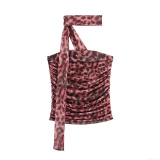 Women's Leopard Print Halter Top Polyester Mesh Pleated Neck Tie Sexy Slim Fit Crop Top for Party Vacation Nightclub Fashion Clothing