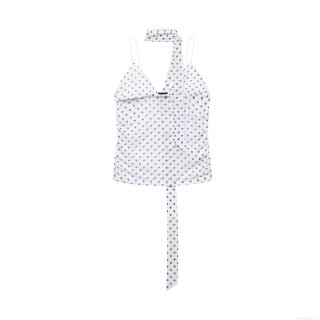 Women's Sexy Polka Dot Camisole Top With Matching Neck Scarf Mesh Ruched Drawstring Sleeveless V-Neck Crop Top For Summer Beach Clubwear Party Girls