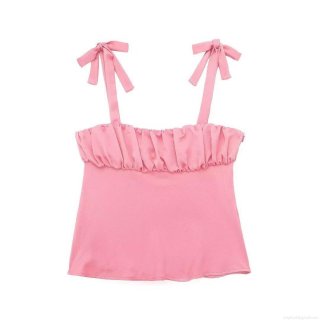 Women's Pink Ruched Bow Tie Shoulder Strap Camisole Top Polyester Satin Texture Slim Fit Crop Top For Summer Date Night Party Sweet Style Women Clothing