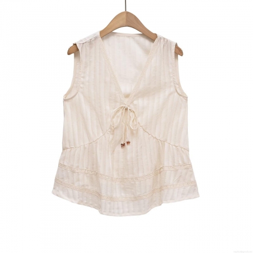 Women's V-Neck Sleeveless Tank Top Polyester Cotton Blend Lace Drawstring Tie Front Vertical Striped Ruffle Hem Elegant Socialite Style Summer Camisole Shirt