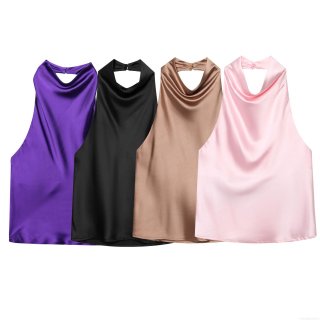 Women's Elegant Satin Halter Backless Top Sexy Solid Color Sleeveless Polyester Camisole For Party Dating Wedding Guest
