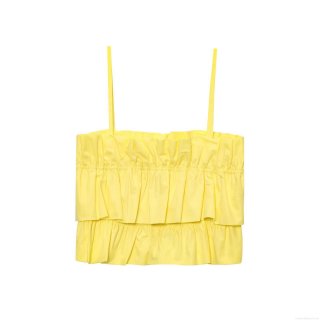 Women's Sexy Bright Yellow Ruffle Cami Crop Top Spaghetti Strap Shirred Poplin Tank Top for Summer Beach Party Streetwear