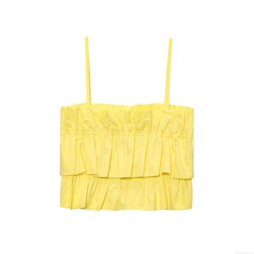 Women's Sexy Bright Yellow Ruffle Cami Crop Top Spaghetti Strap Shirred Poplin Tank Top for Summer Beach Party Streetwear