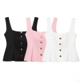 Women's Square Neck Sleeveless Peplum Top Slim Fit Metal Button Down Polyester Blend Summer Tank Top Cami For Party Club Elegant Sexy Short Blouse