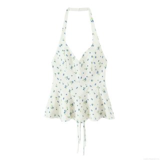 Women's Sexy Floral Berry Print Halter Neck Top Backless V-Neck Tie Back Crop Cami Top With Ruffle Hem Summer Vacation Sleeveless Tank Top For Women