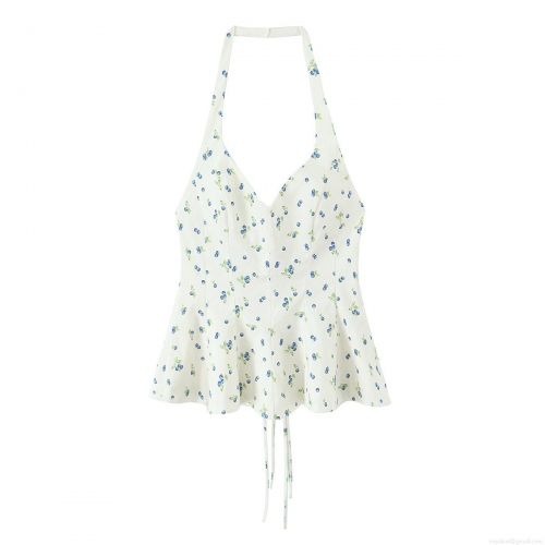 Women's Sexy Floral Berry Print Halter Neck Top Backless V-Neck Tie Back Crop Cami Top With Ruffle Hem Summer Vacation Sleeveless Tank Top For Women