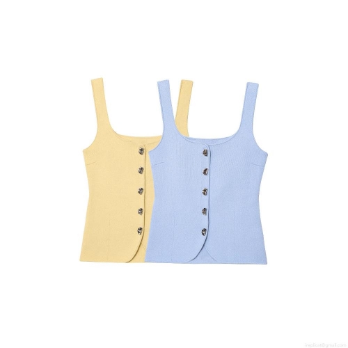 Women's Slim Fit Polyester Knit Tank Top With Irregular Metal Buttons Elegant Square Neck Ribbed Sleeveless Vest For Daily Streetwear