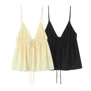 Women's Sexy V-Neck Camisole Acrylic Spandex Blend Drawstring Waist Button Front Tank Top for Summer Dating Street Style