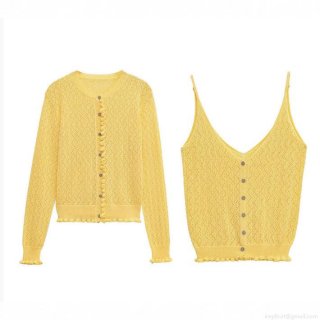 Women's Sexy Yellow Hollow Knit Camisole V-Neck Ruffle Hem Button Top and Long Sleeve Crochet Cardigan Set Solid Color Diamond Mesh Knitwear for Women