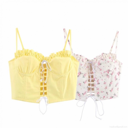 Women Sexy Lace Up Corset Camisole Polyester Floral Print Slim Fit Cropped Tank Top With Ruffles Sleeveless Backless Top For Summer Party Dating