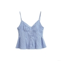 Women's Striped Camisole Top French Retro V-Neck Button Down Ruffle Hem Sleeveless Tank Top Sexy Slim Fit Poplin Summer Blouse For Women