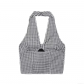 Women's Gingham Halter Cami Top Sexy Black White Plaid Cropped Tank Top Smocked Back Sleeveless Sweet Summer Blouse For Dating Beach Vacation