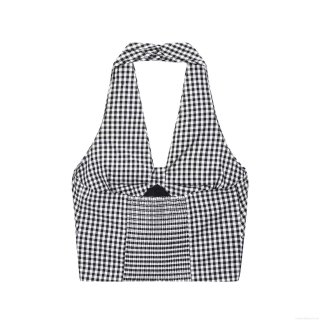 Women's Gingham Halter Cami Top Sexy Black White Plaid Cropped Tank Top Smocked Back Sleeveless Sweet Summer Blouse For Dating Beach Vacation